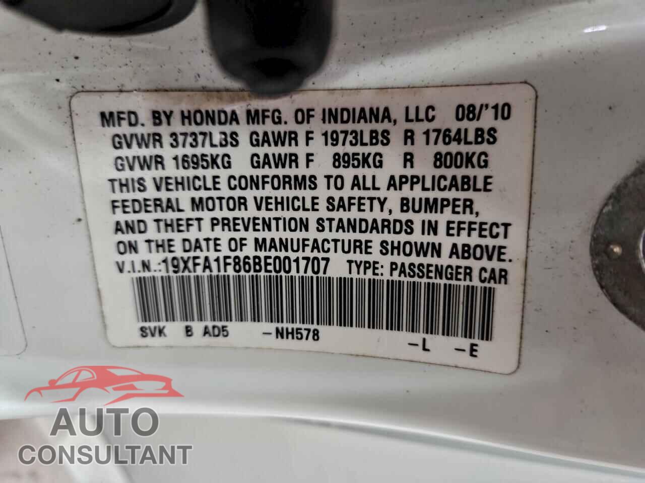 HONDA CIVIC 2011 - 19XFA1F86BE001707