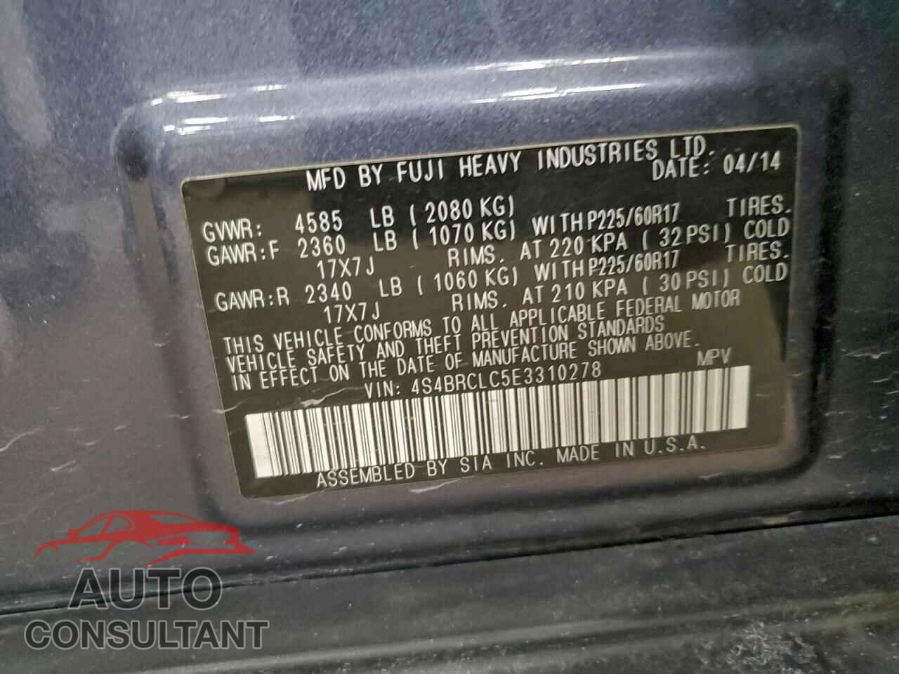 SUBARU OUTBACK 2014 - 4S4BRCLC5E3310278