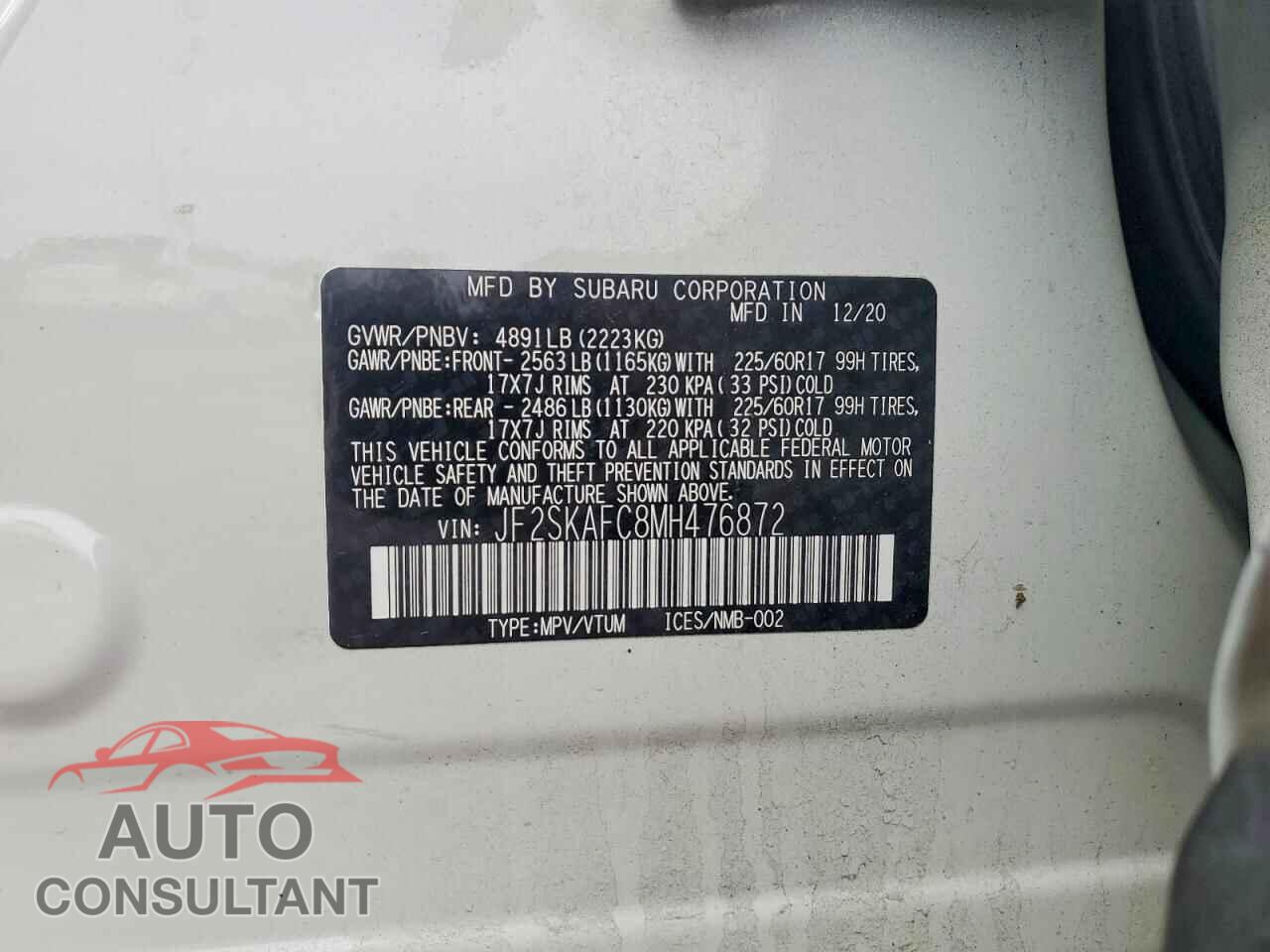 SUBARU FORESTER 2021 - JF2SKAFC8MH476872