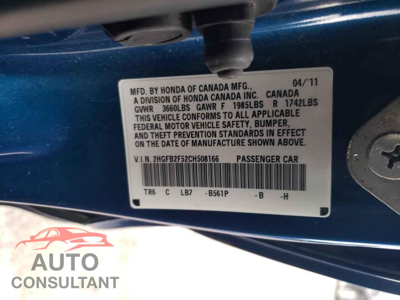 HONDA CIVIC 2012 - 2HGFB2F52CH508166