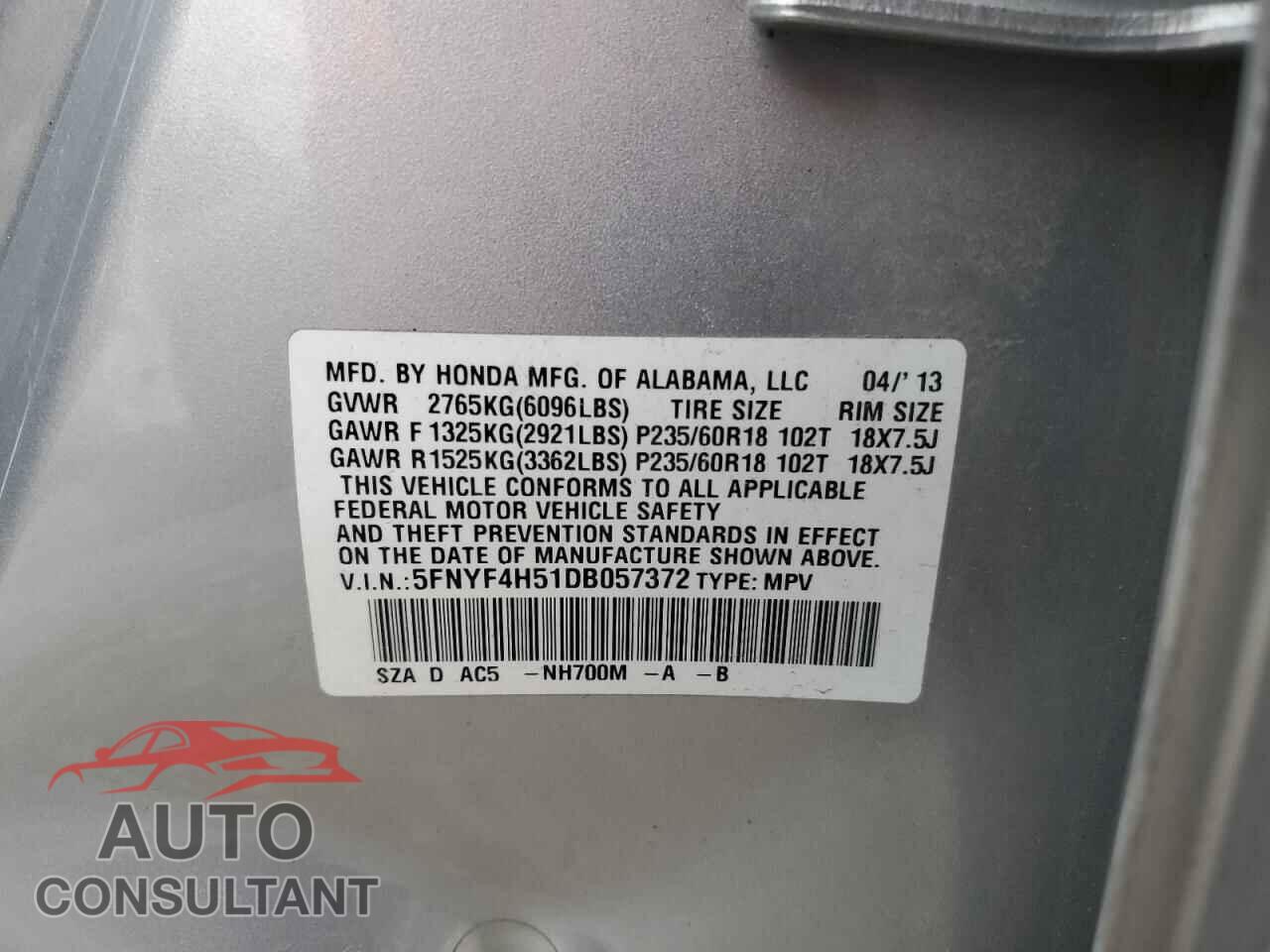HONDA PILOT 2013 - 5FNYF4H51DB057372