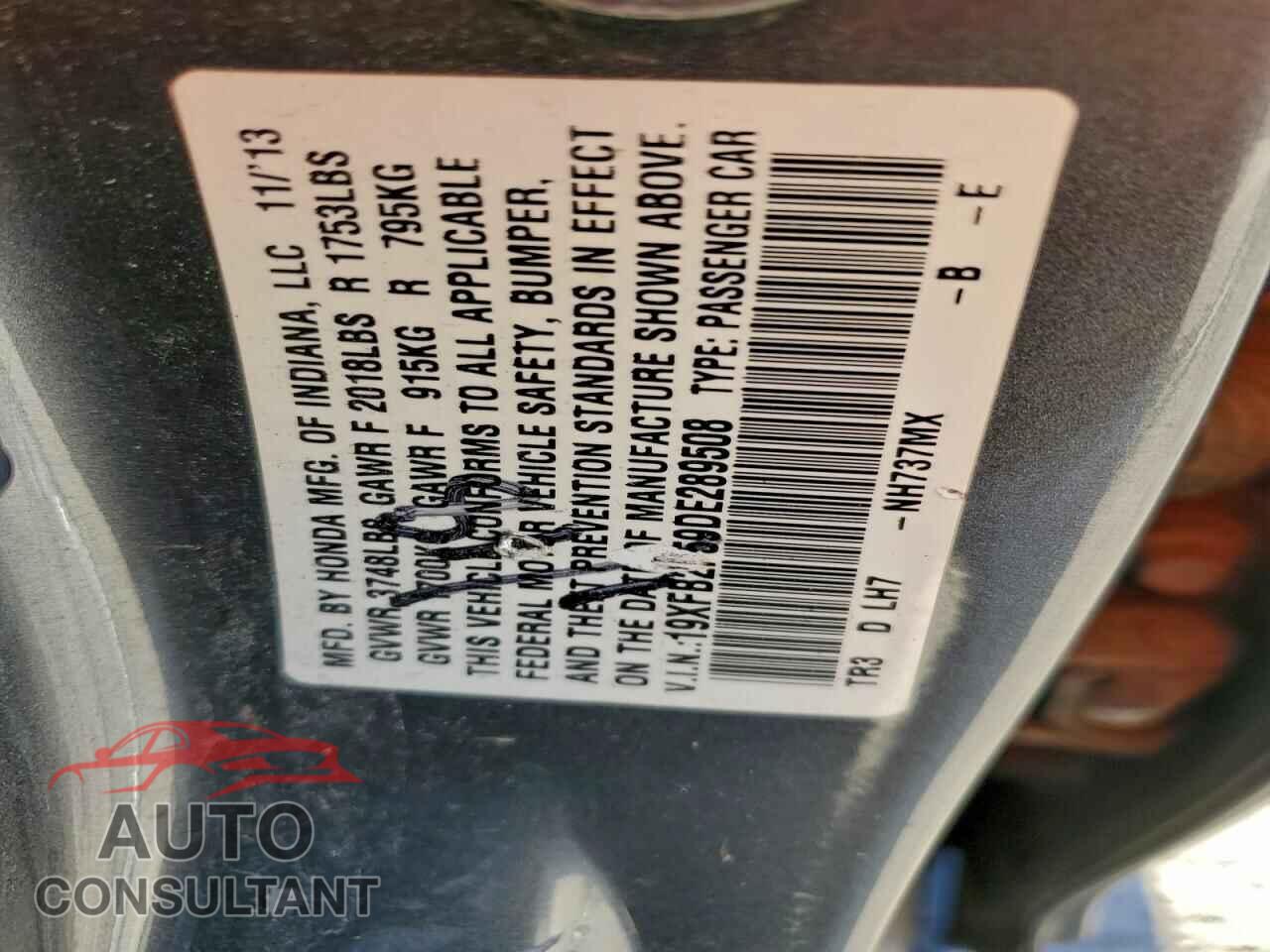 HONDA CIVIC 2013 - 19XFB2F59DE289508