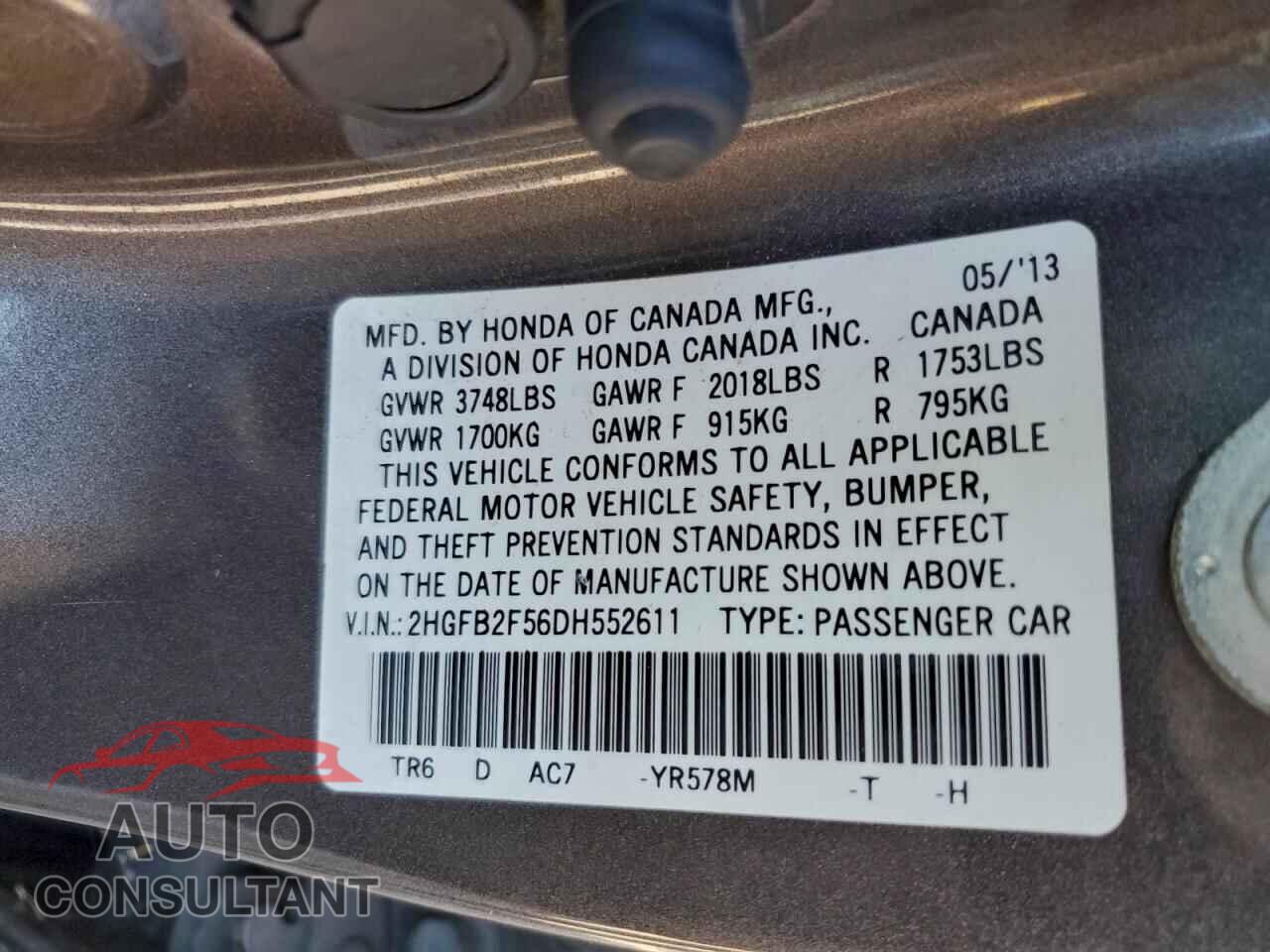 HONDA CIVIC 2013 - 2HGFB2F56DH552611