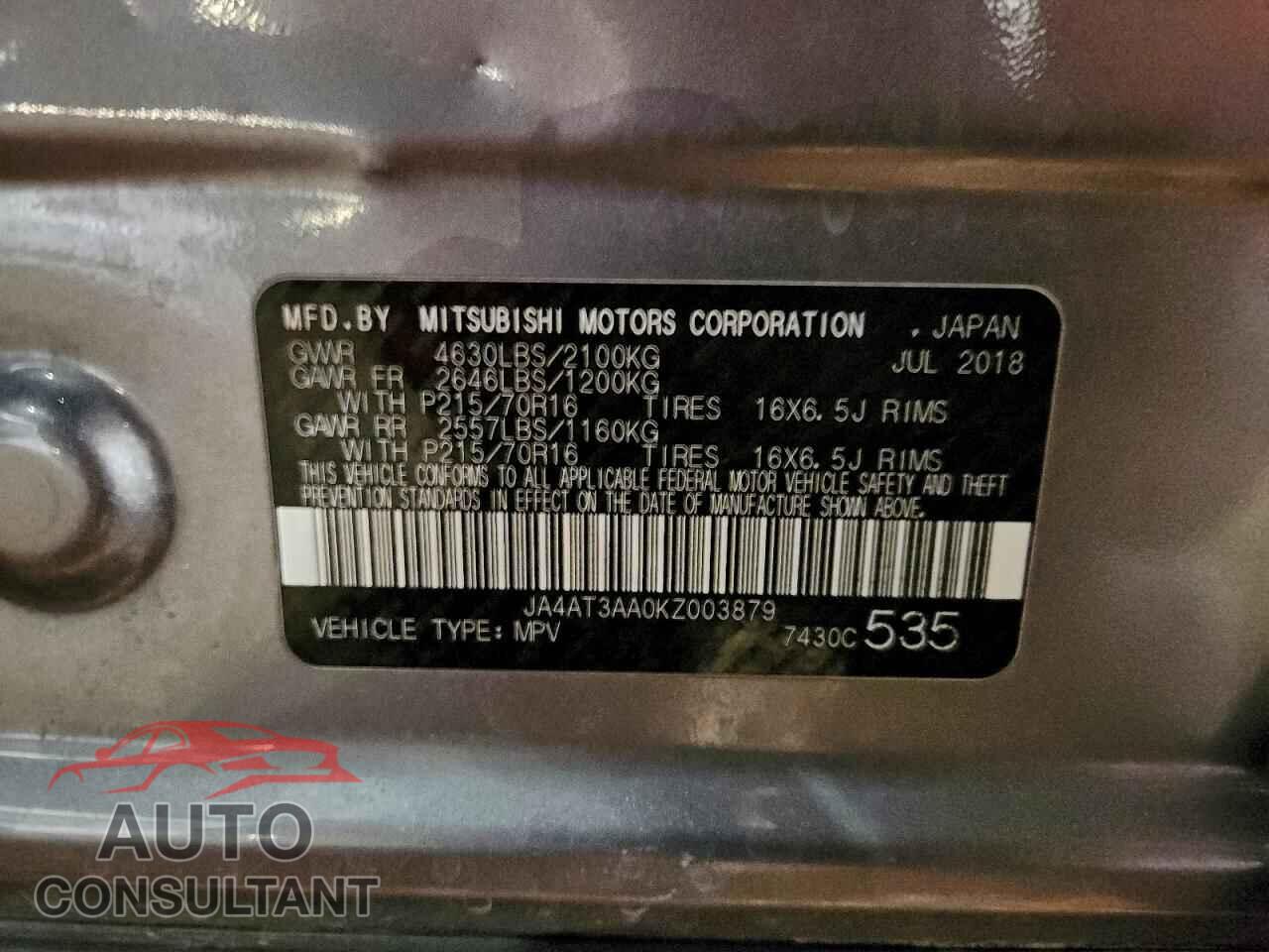 MITSUBISHI ECLIPSE 2019 - JA4AT3AA0KZ003879