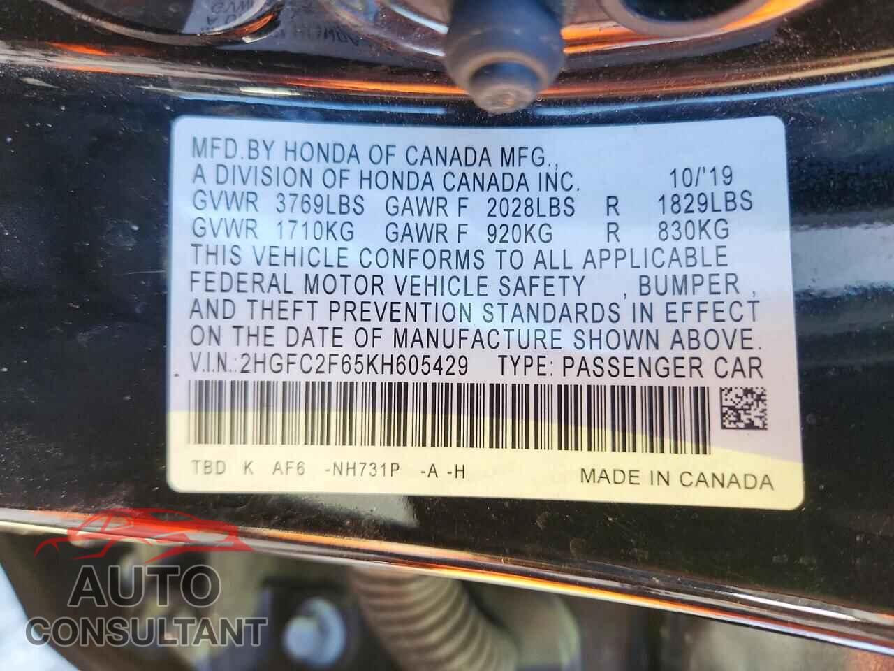 HONDA CIVIC 2019 - 2HGFC2F65KH605429
