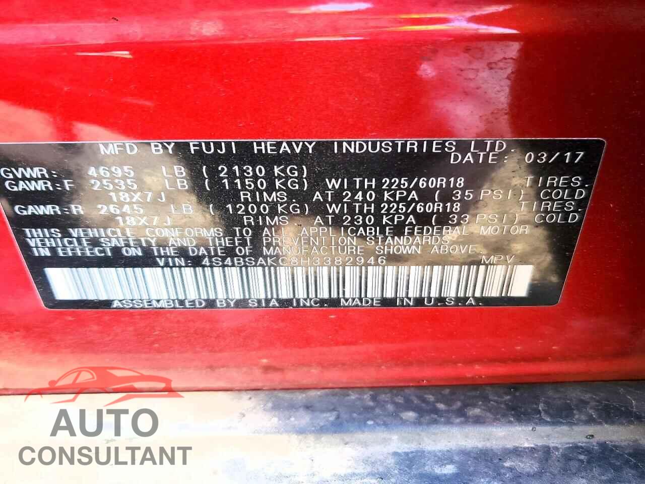 SUBARU OUTBACK 2017 - 4S4BSAKC8H3382946