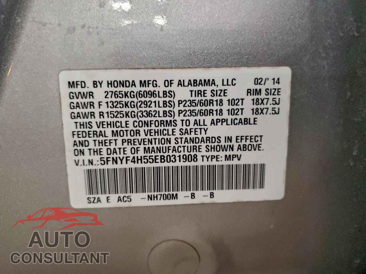 HONDA PILOT 2014 - 5FNYF4H55EB031908