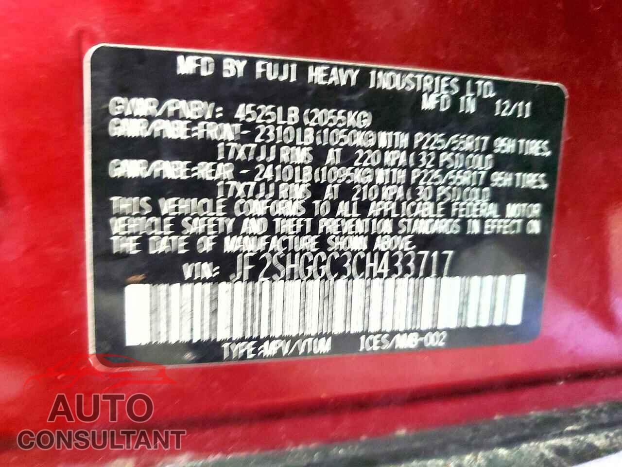SUBARU FORESTER 2012 - JF2SHGGC3CH433717