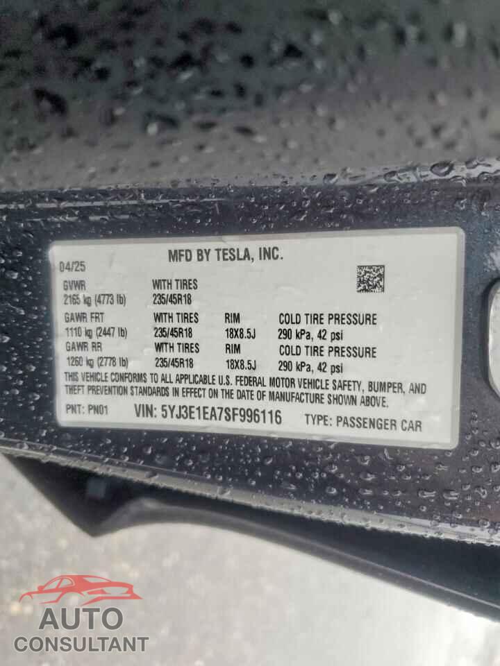 TESLA MODEL 3 2025 - 5YJ3E1EA7SF996116