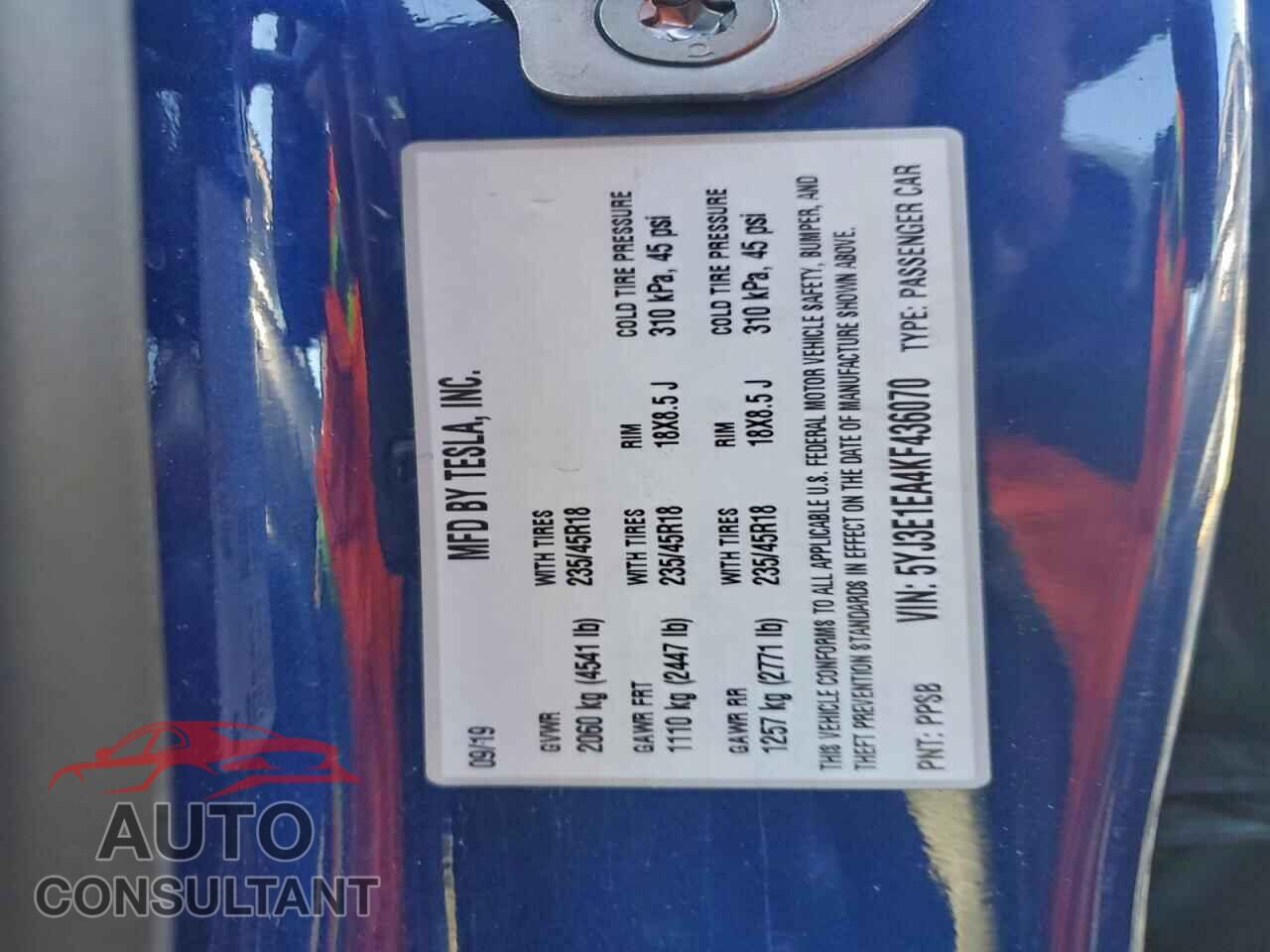 TESLA MODEL 3 2019 - 5YJ3E1EA4KF436070