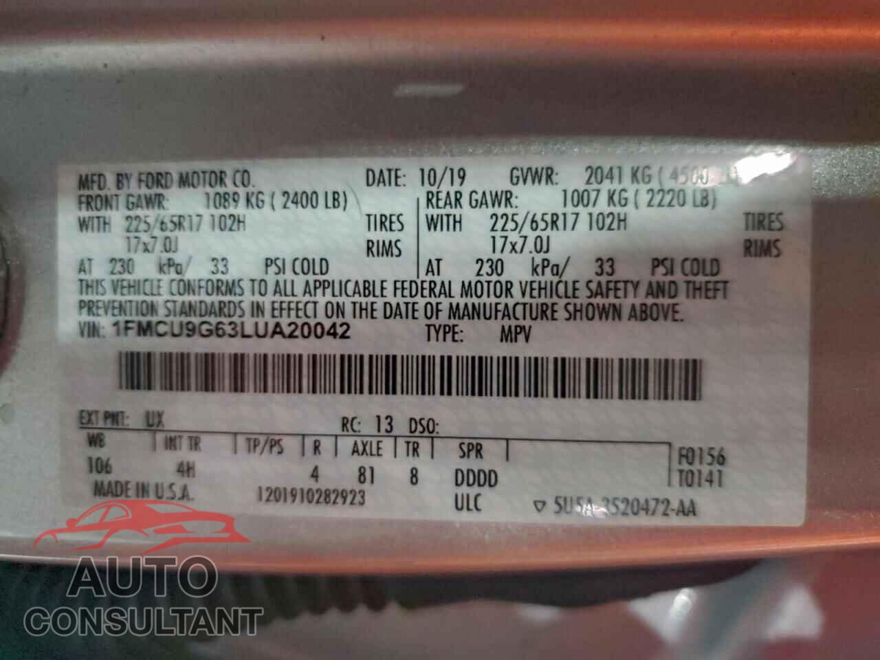 FORD ESCAPE 2020 - 1FMCU9G63LUA20042