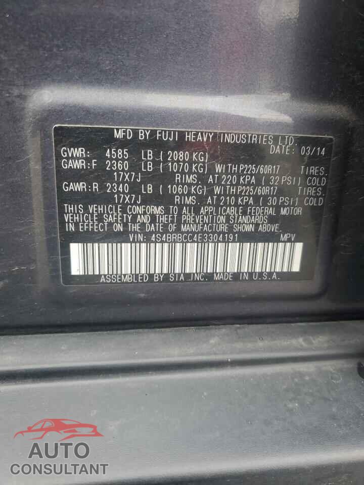 SUBARU OUTBACK 2014 - 4S4BRBCC4E3304191