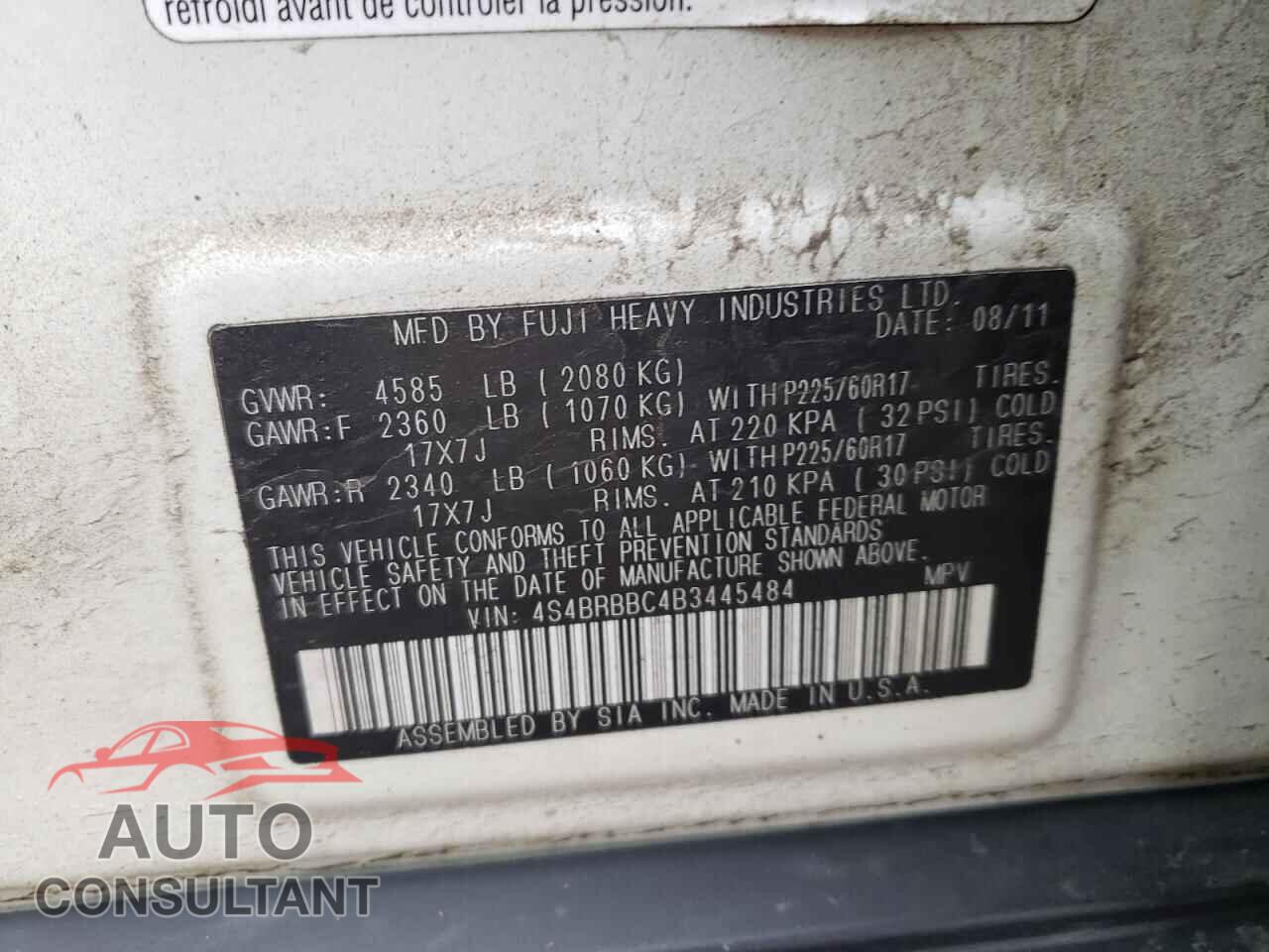 SUBARU OUTBACK 2011 - 4S4BRBBC4B3445484