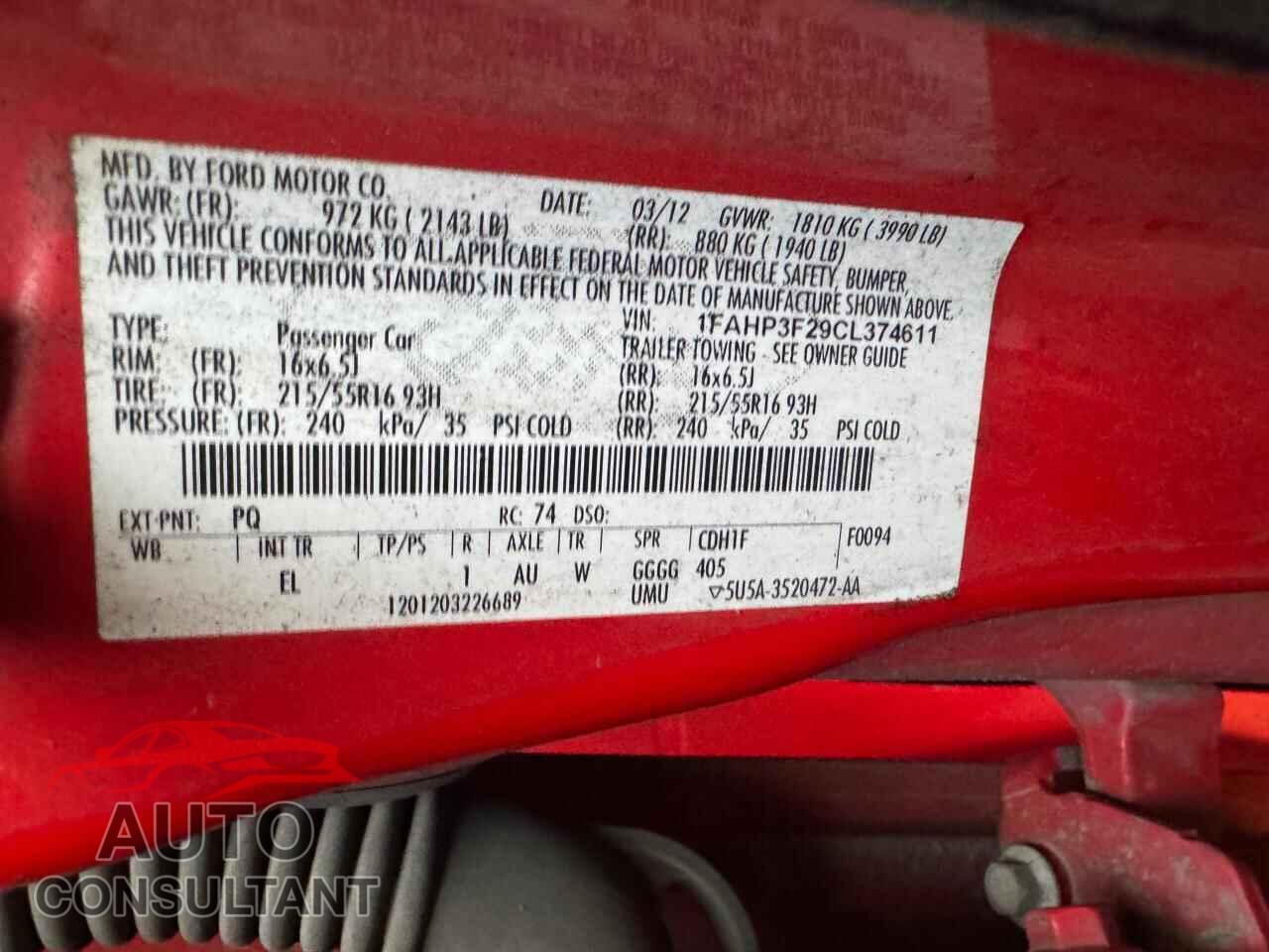 FORD FOCUS 2012 - 1FAHP3F29CL374611