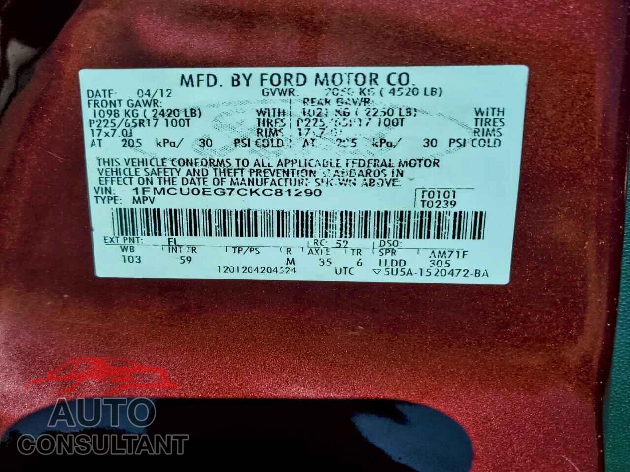 FORD ESCAPE 2012 - 1FMCU0EG7CKC81290