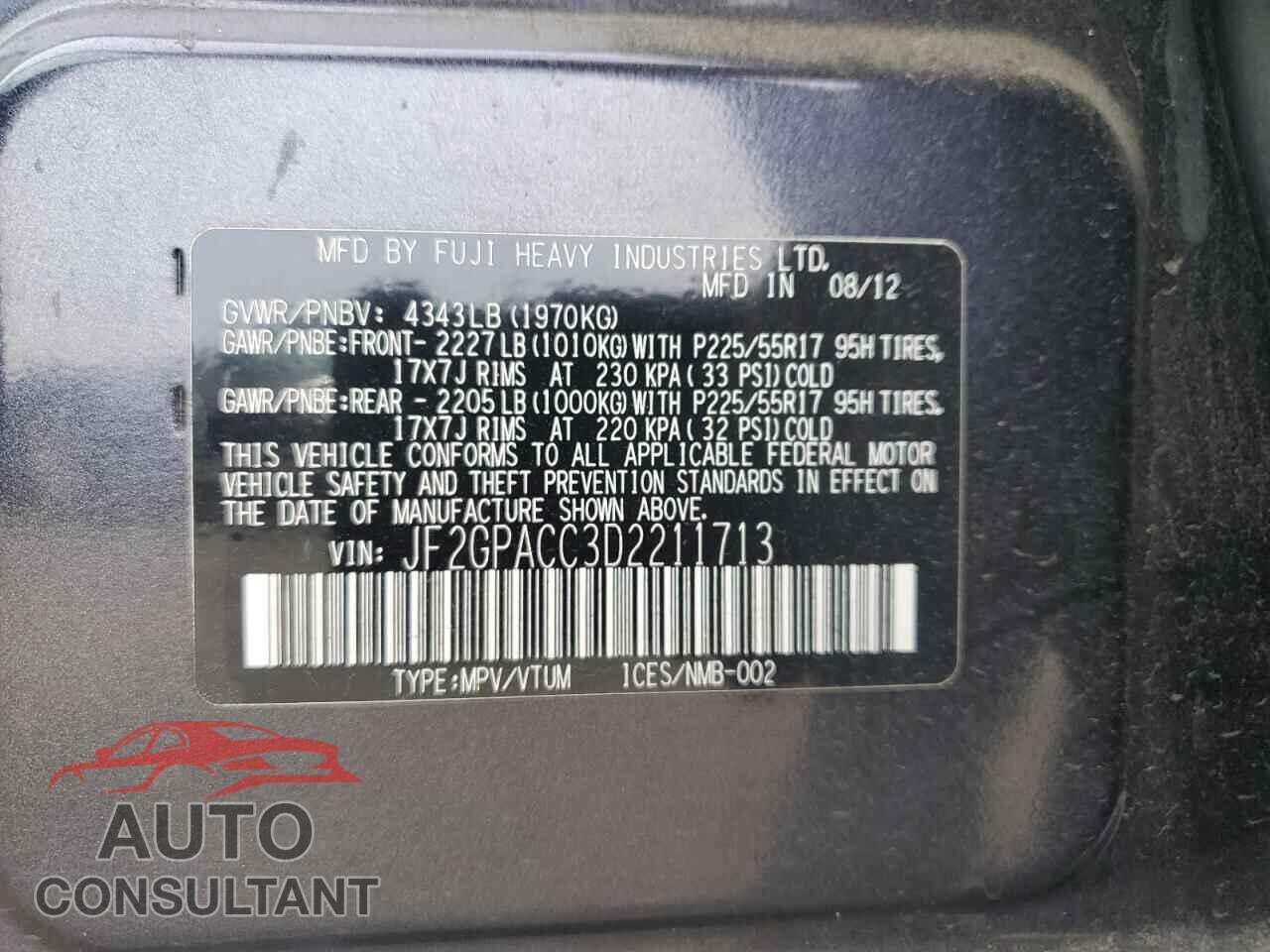SUBARU XV 2013 - JF2GPACC3D2211713