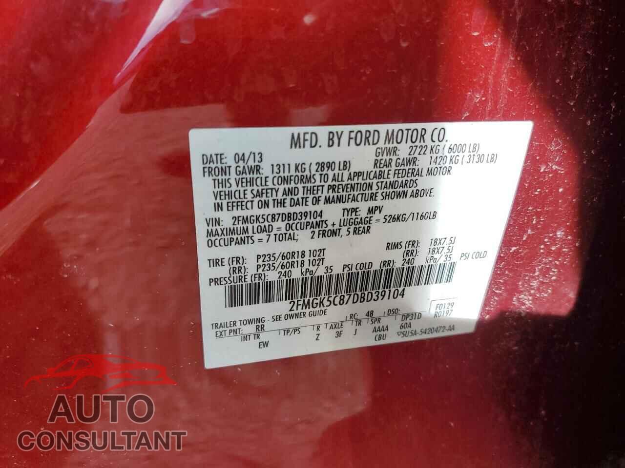 FORD FLEX 2013 - 2FMGK5C87DBD39104