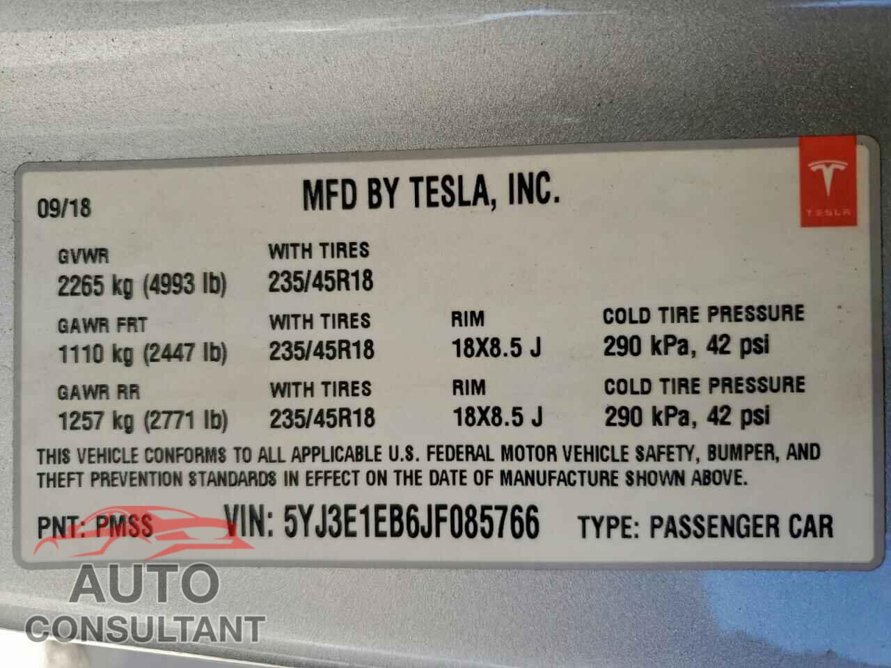TESLA MODEL 3 2018 - 5YJ3E1EB6JF085766