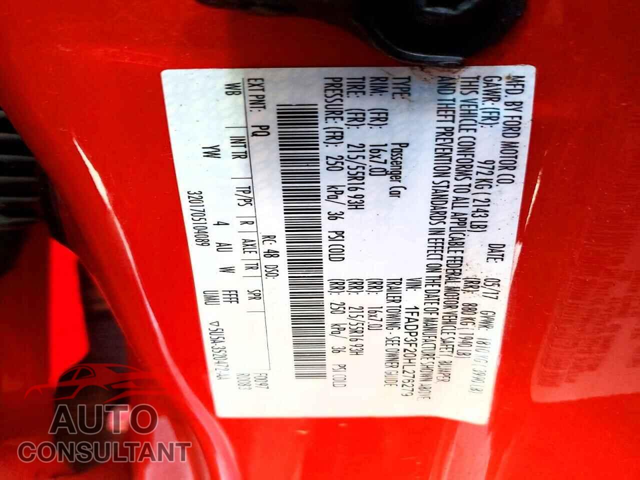 FORD FOCUS 2017 - 1FADP3F20HL276279