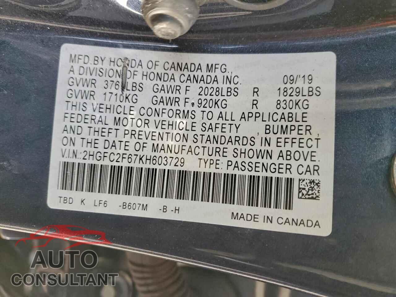HONDA CIVIC 2019 - 2HGFC2F67KH603729