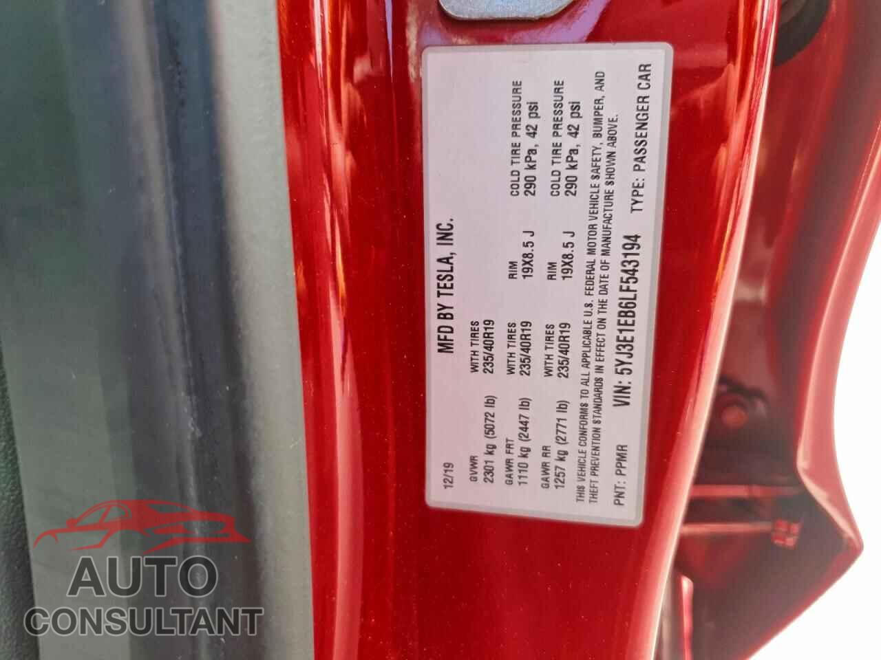 TESLA MODEL 3 2020 - 5YJ3E1EB6LF543194