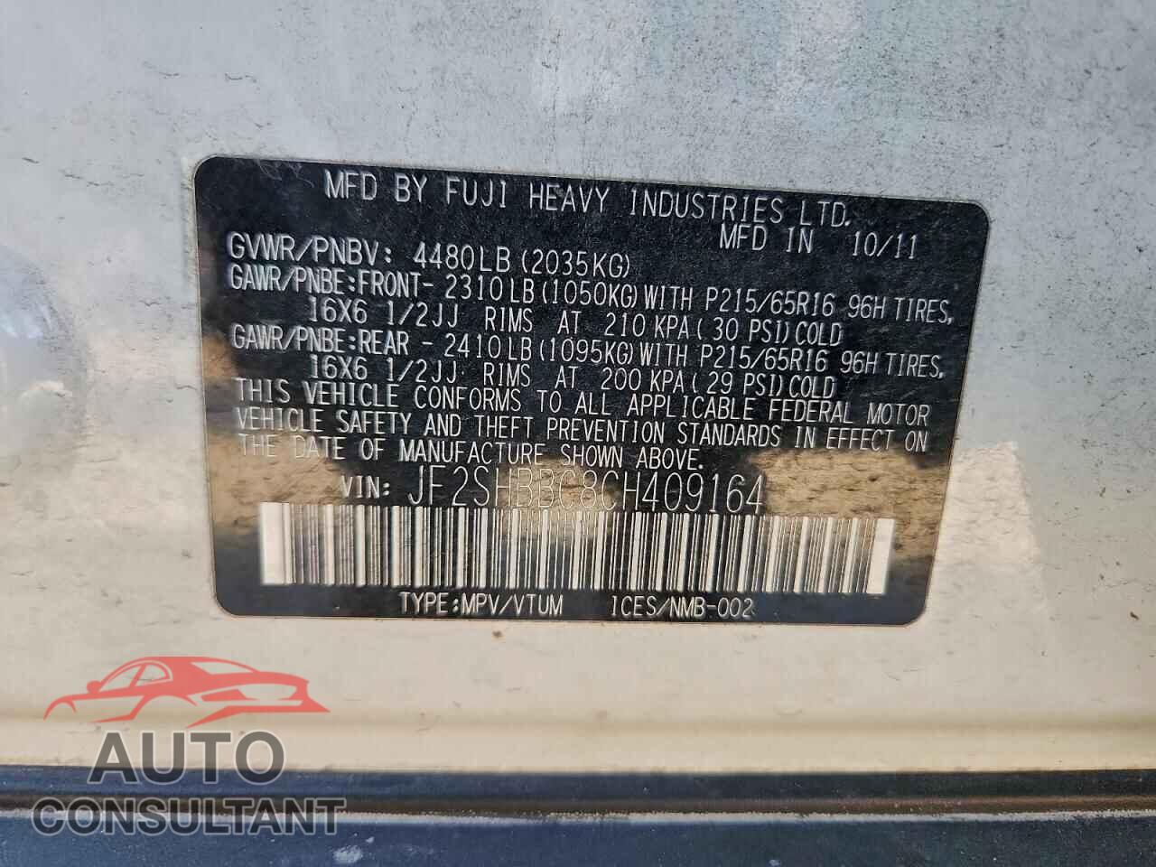 SUBARU FORESTER 2012 - JF2SHBBC8CH409164