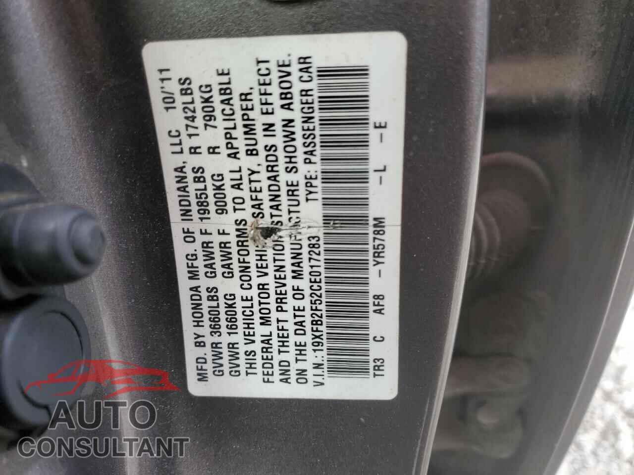 HONDA CIVIC 2012 - 19XFB2F52CE017283