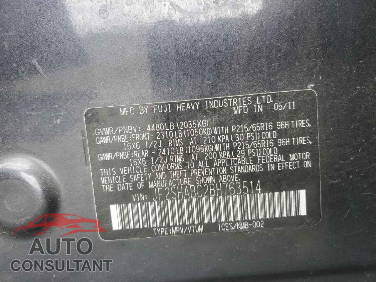 SUBARU FORESTER 2011 - JF2SHABC2BH763514