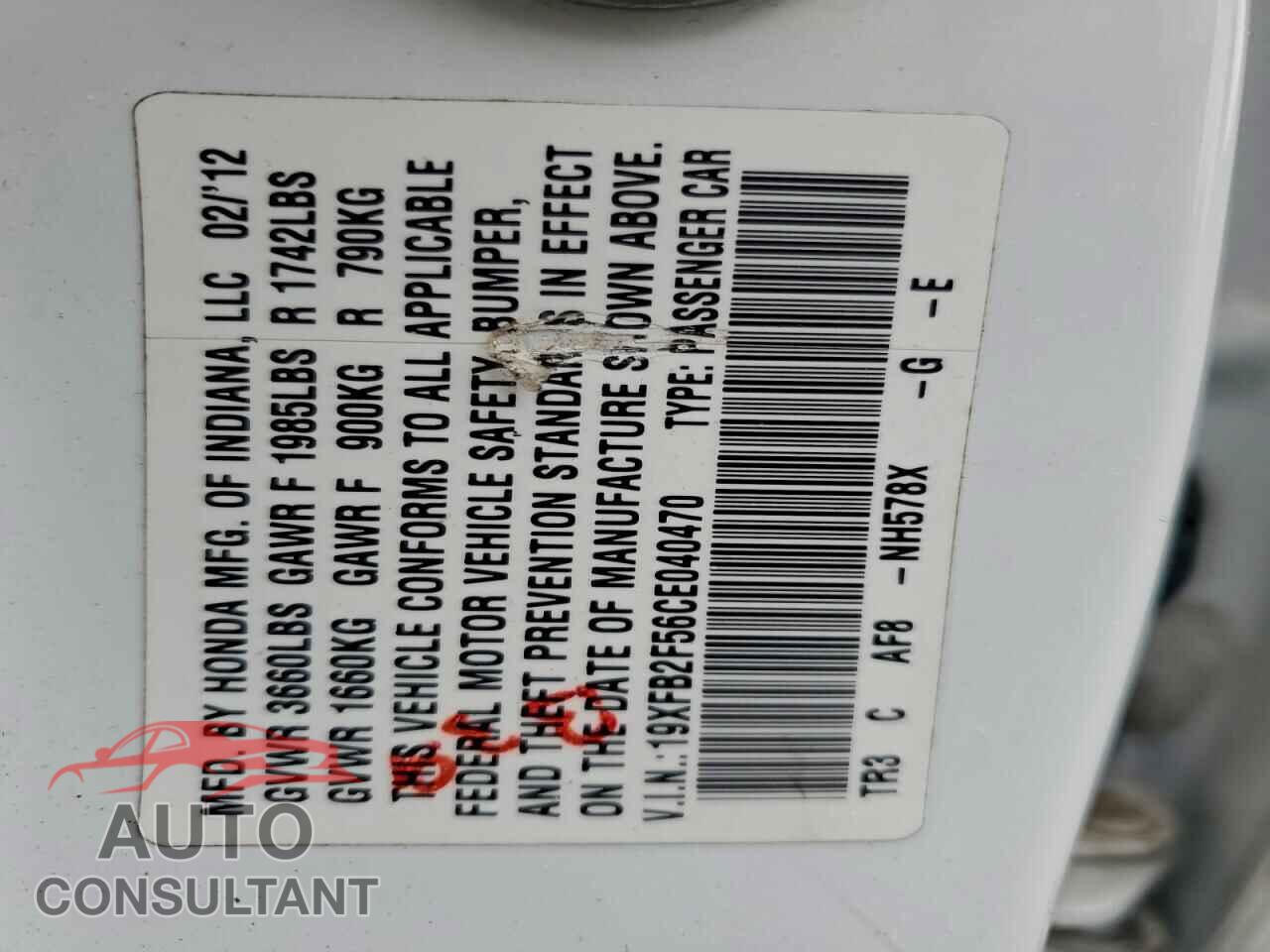HONDA CIVIC 2012 - 19XFB2F56CE040470