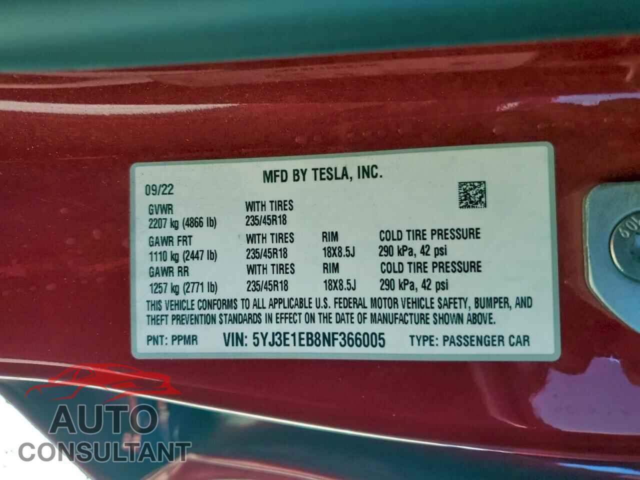 TESLA MODEL 3 2022 - 5YJ3E1EB8NF366005