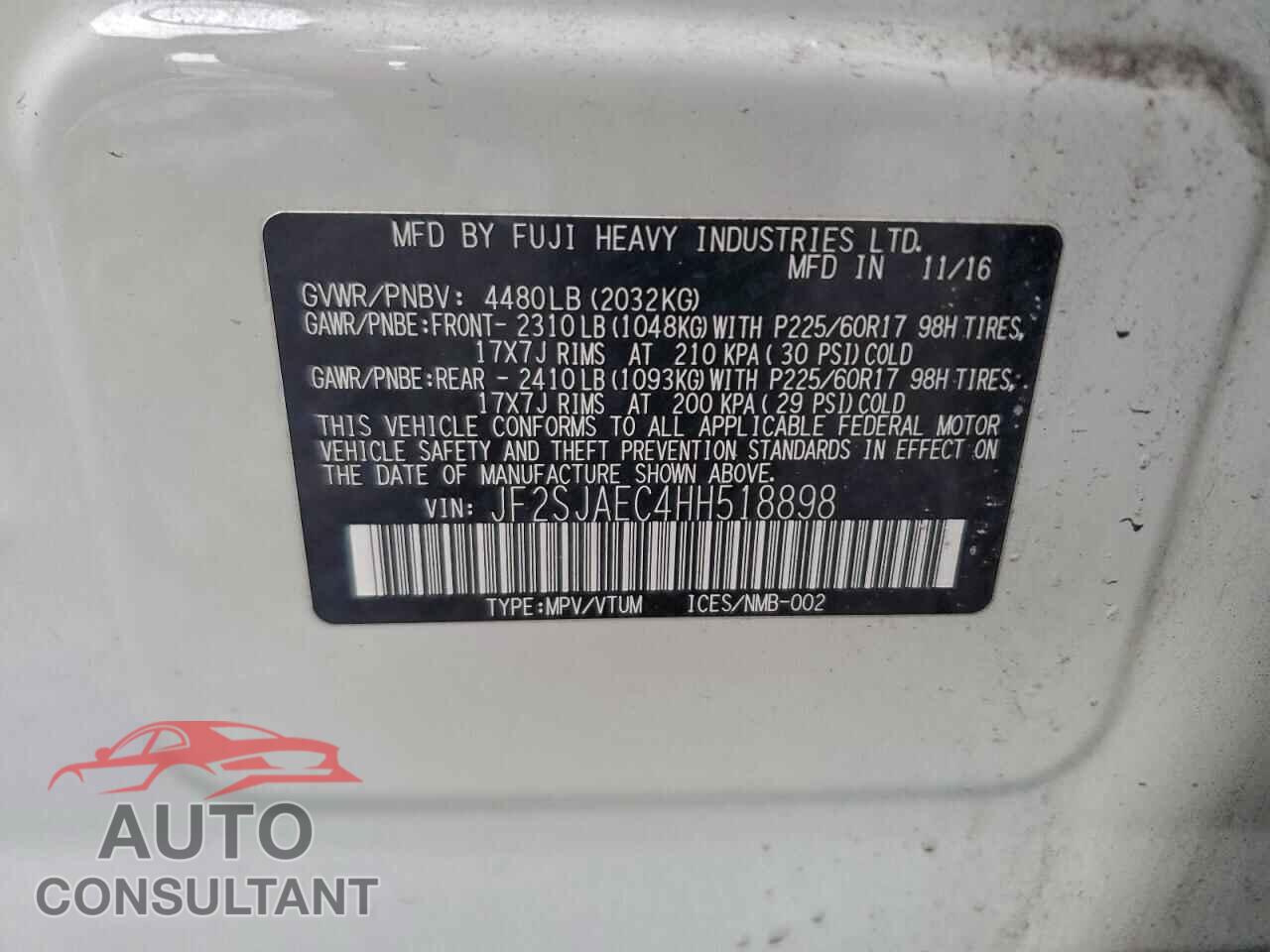 SUBARU FORESTER 2017 - JF2SJAEC4HH518898