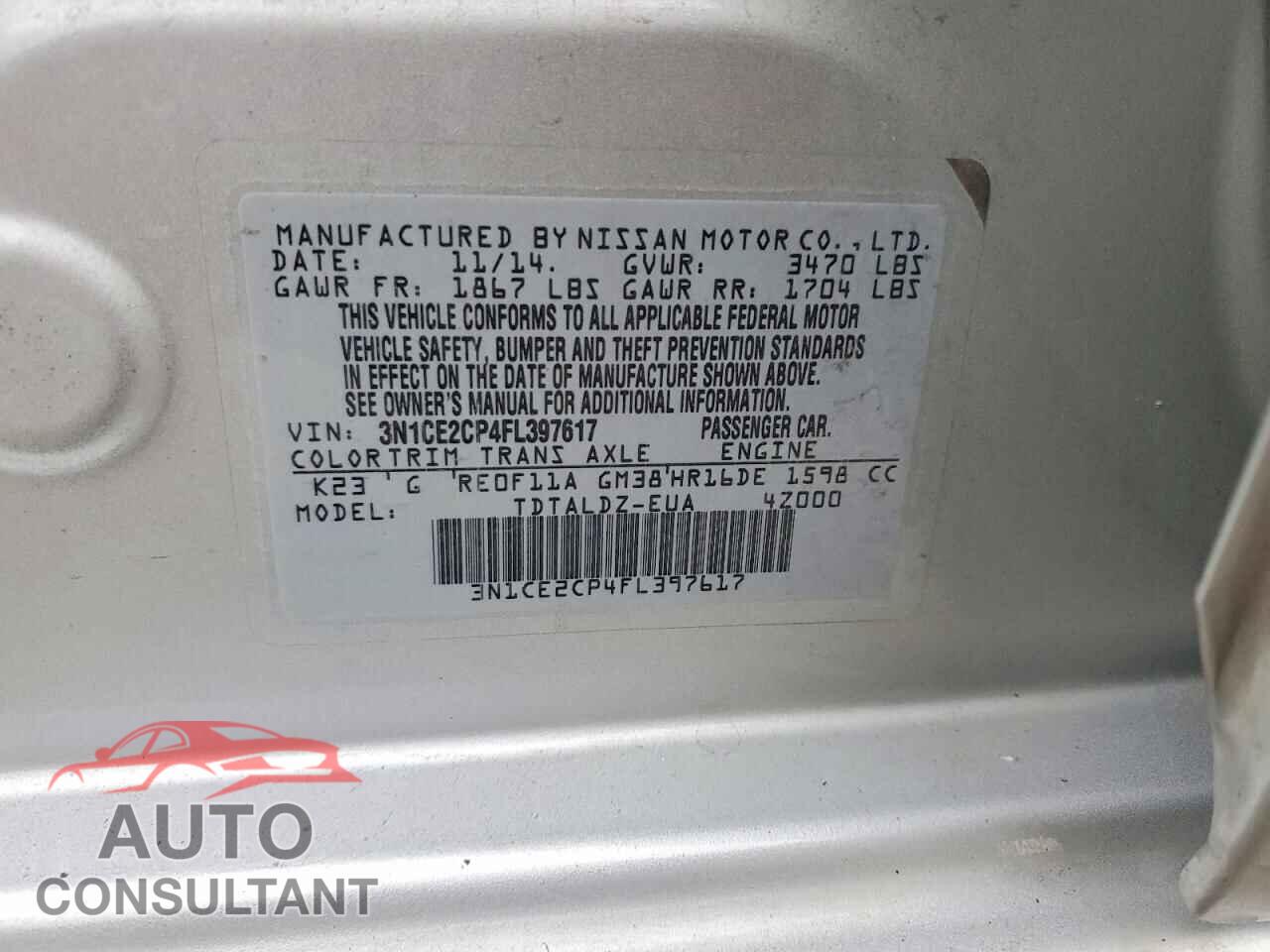 NISSAN VERSA 2015 - 3N1CE2CP4FL397617