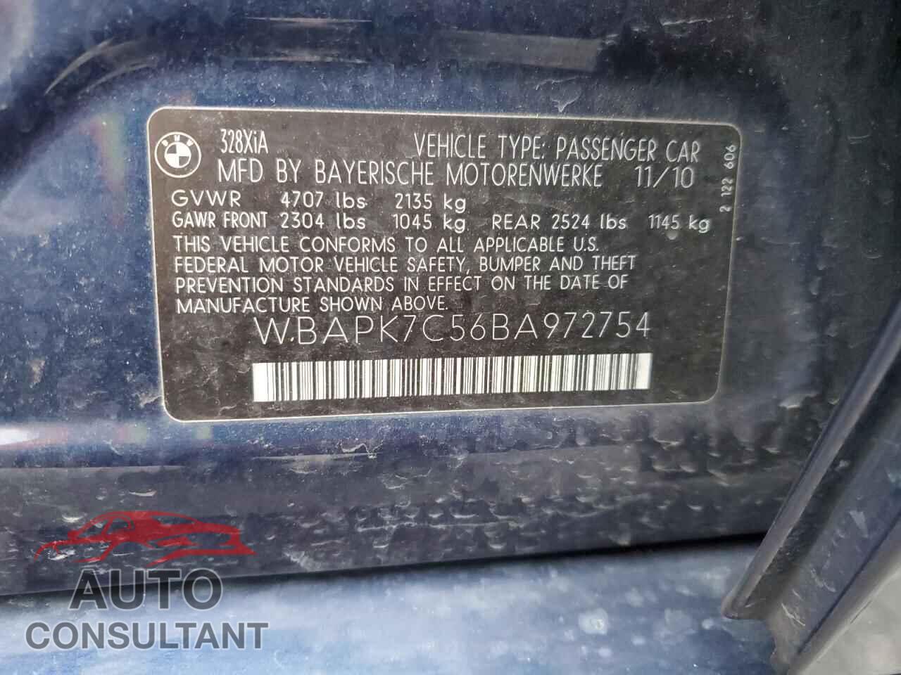 BMW 3 SERIES 2011 - WBAPK7C56BA972754