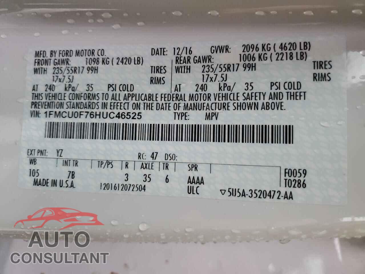 FORD ESCAPE 2017 - 1FMCU0F76HUC46525