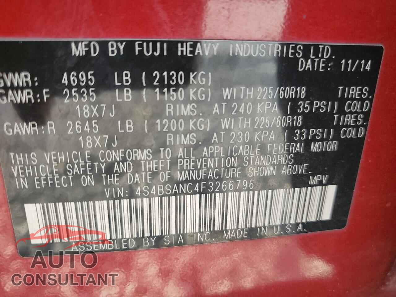 SUBARU OUTBACK 2015 - 4S4BSANC4F3266796