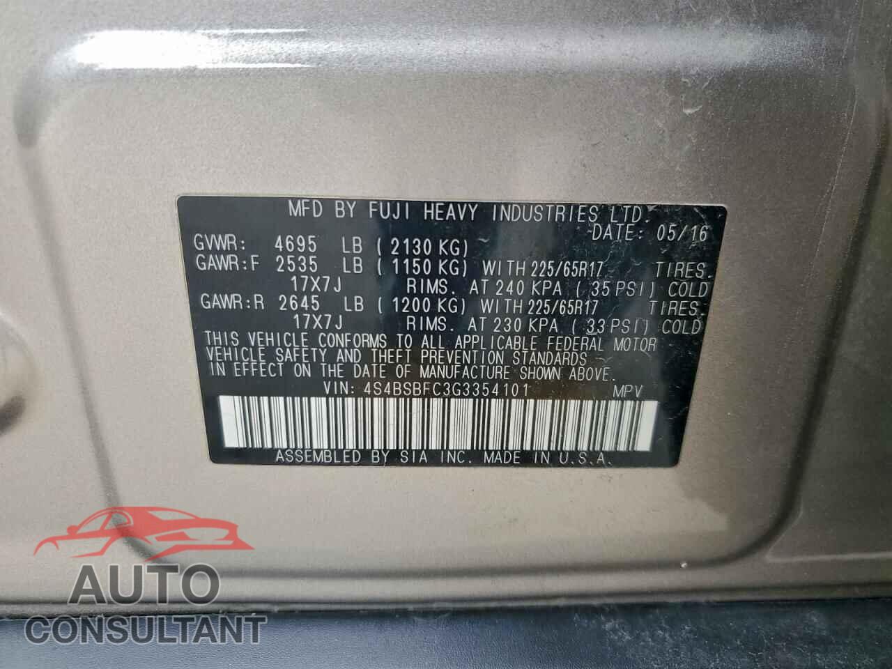 SUBARU OUTBACK 2016 - 4S4BSBFC3G3354101