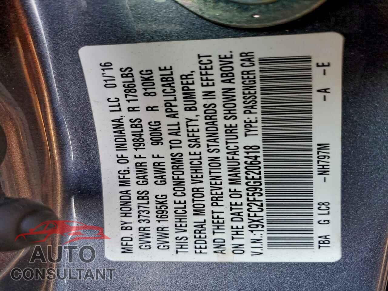 HONDA CIVIC 2016 - 19XFC2F59GE206418