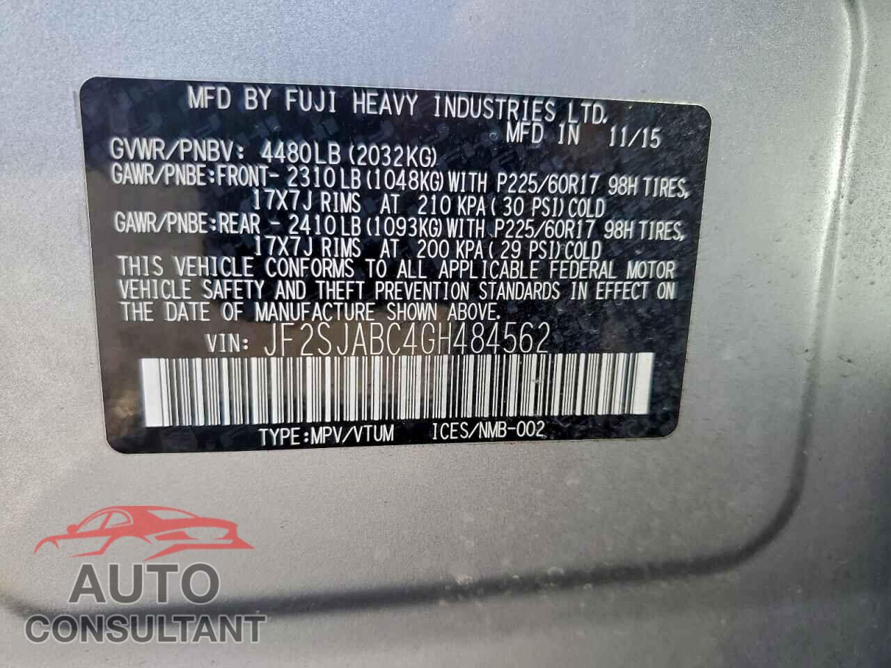 SUBARU FORESTER 2016 - JF2SJABC4GH484562