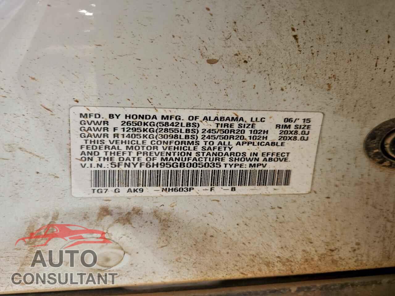 HONDA PILOT 2016 - 5FNYF6H95GB005035