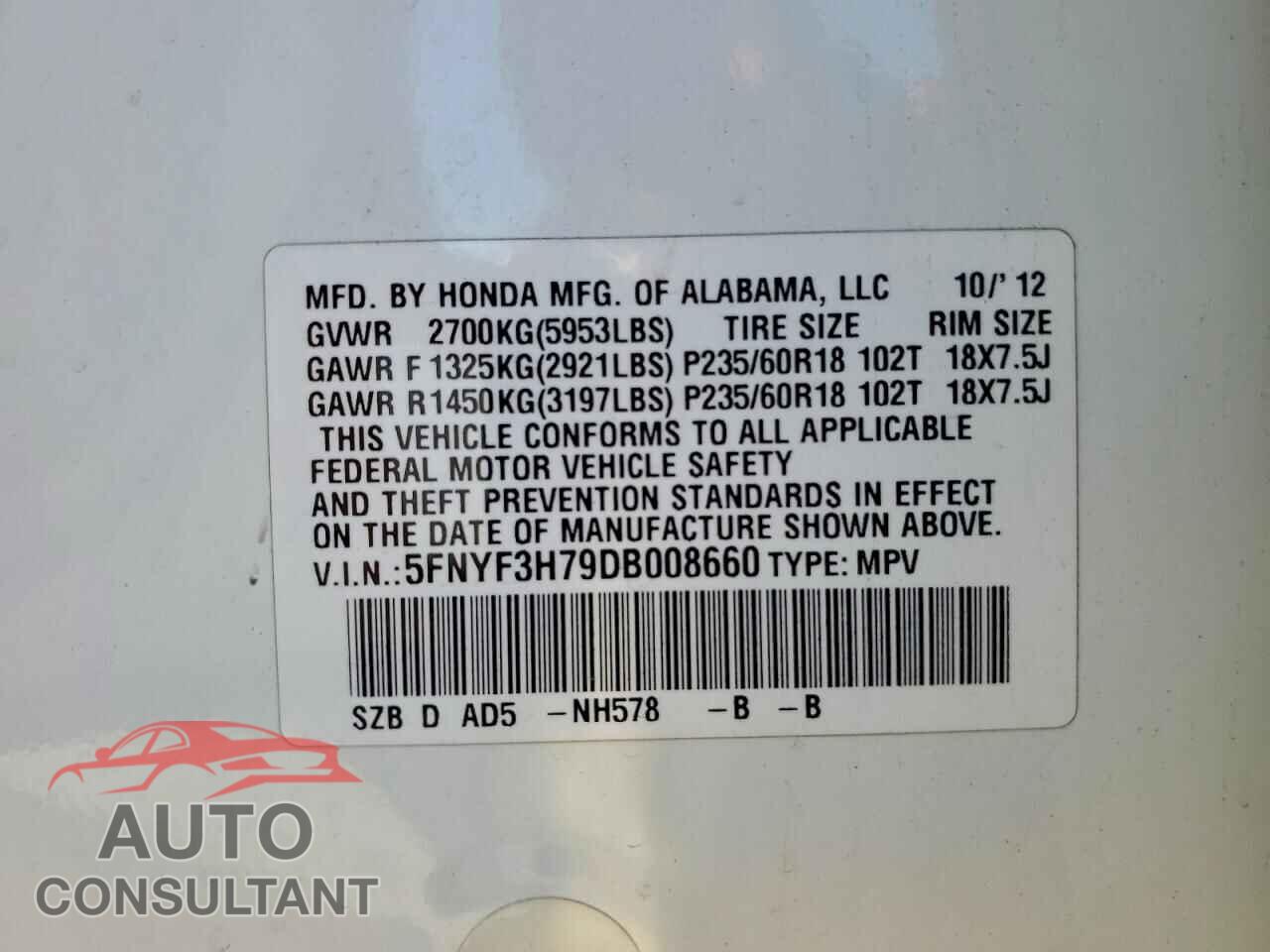 HONDA PILOT 2013 - 5FNYF3H79DB008660