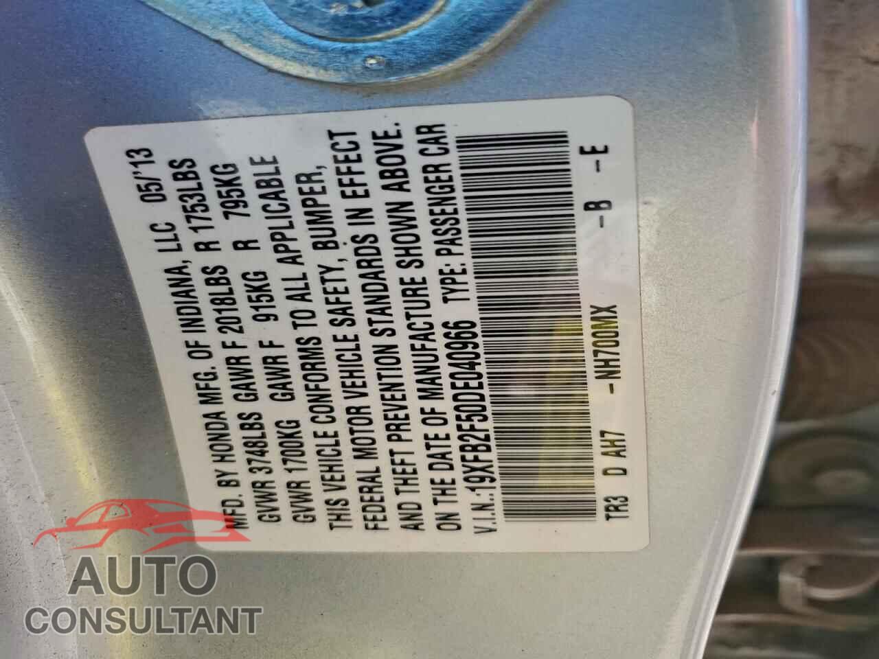 HONDA CIVIC 2013 - 19XFB2F50DE040966