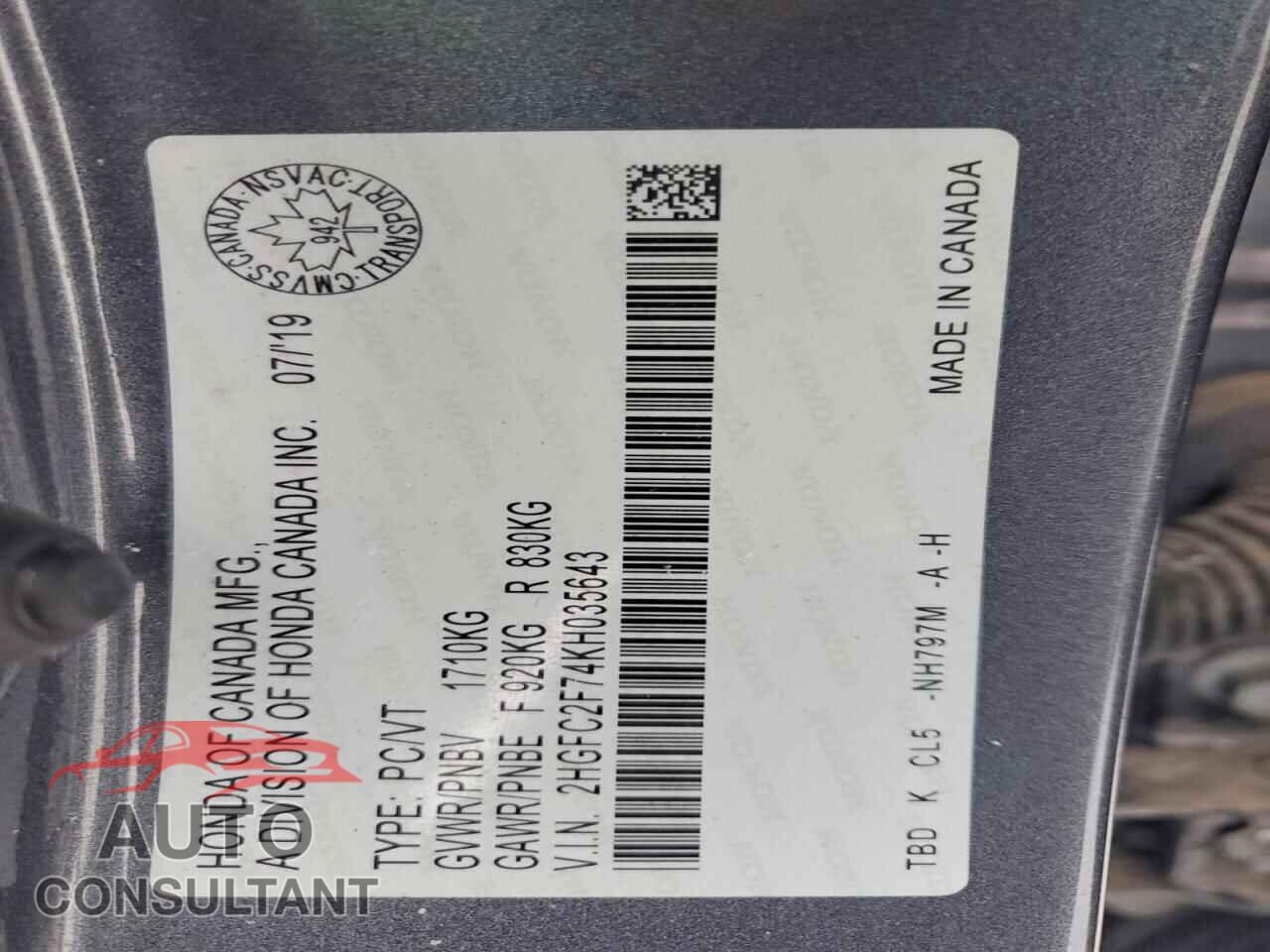HONDA CIVIC 2019 - 2HGFC2F74KH035643