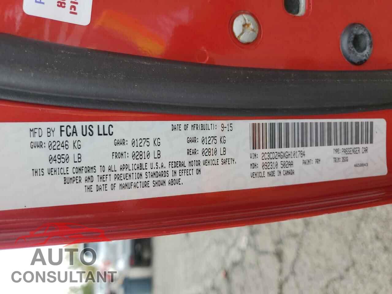 DODGE CHALLENGER 2016 - 2C3CDZAGXGH101784