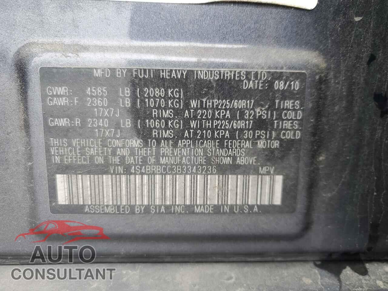 SUBARU OUTBACK 2011 - 4S4BRBCC3B3343236