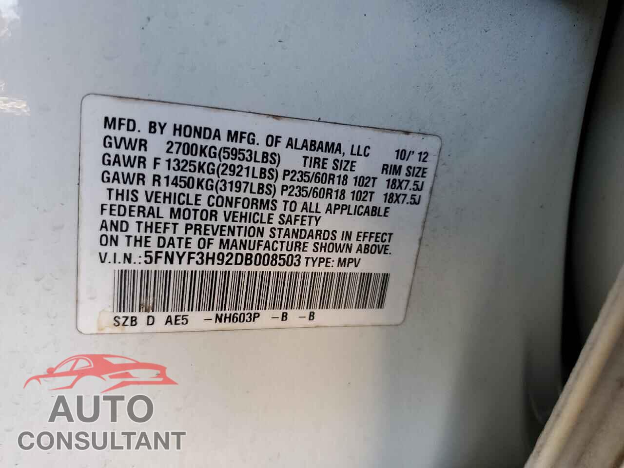 HONDA PILOT 2013 - 5FNYF3H92DB008503