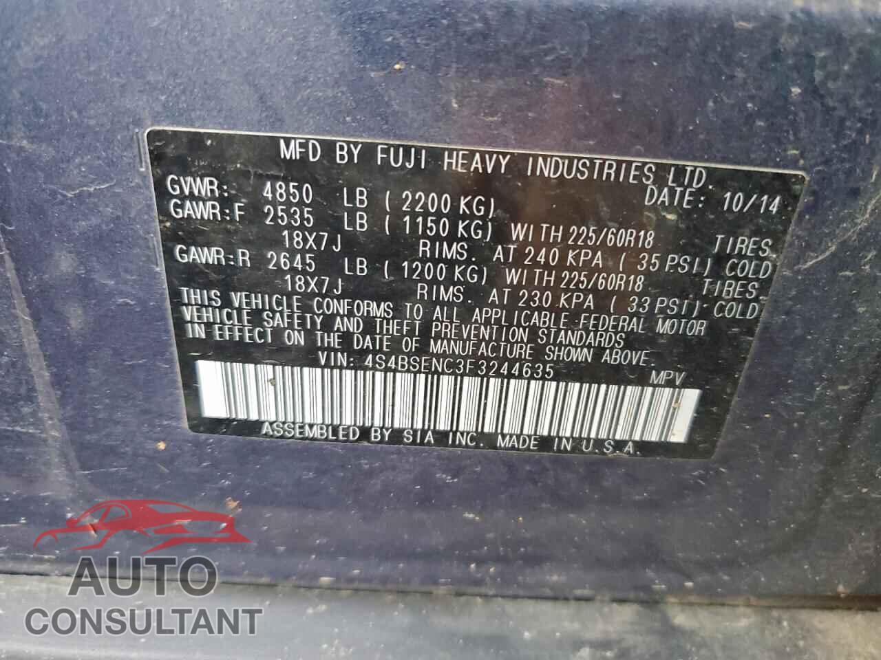 SUBARU OUTBACK 2015 - 4S4BSENC3F3244635