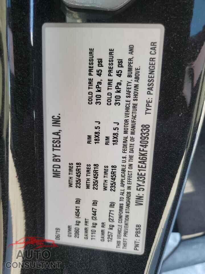 TESLA MODEL 3 2019 - 5YJ3E1EA6KF409338