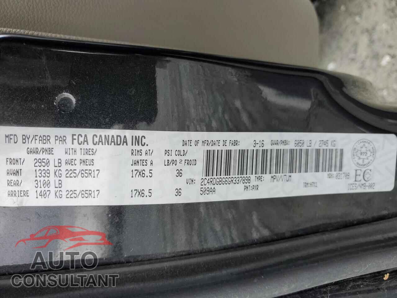 DODGE CARAVAN 2016 - 2C4RDGBG6GR337898