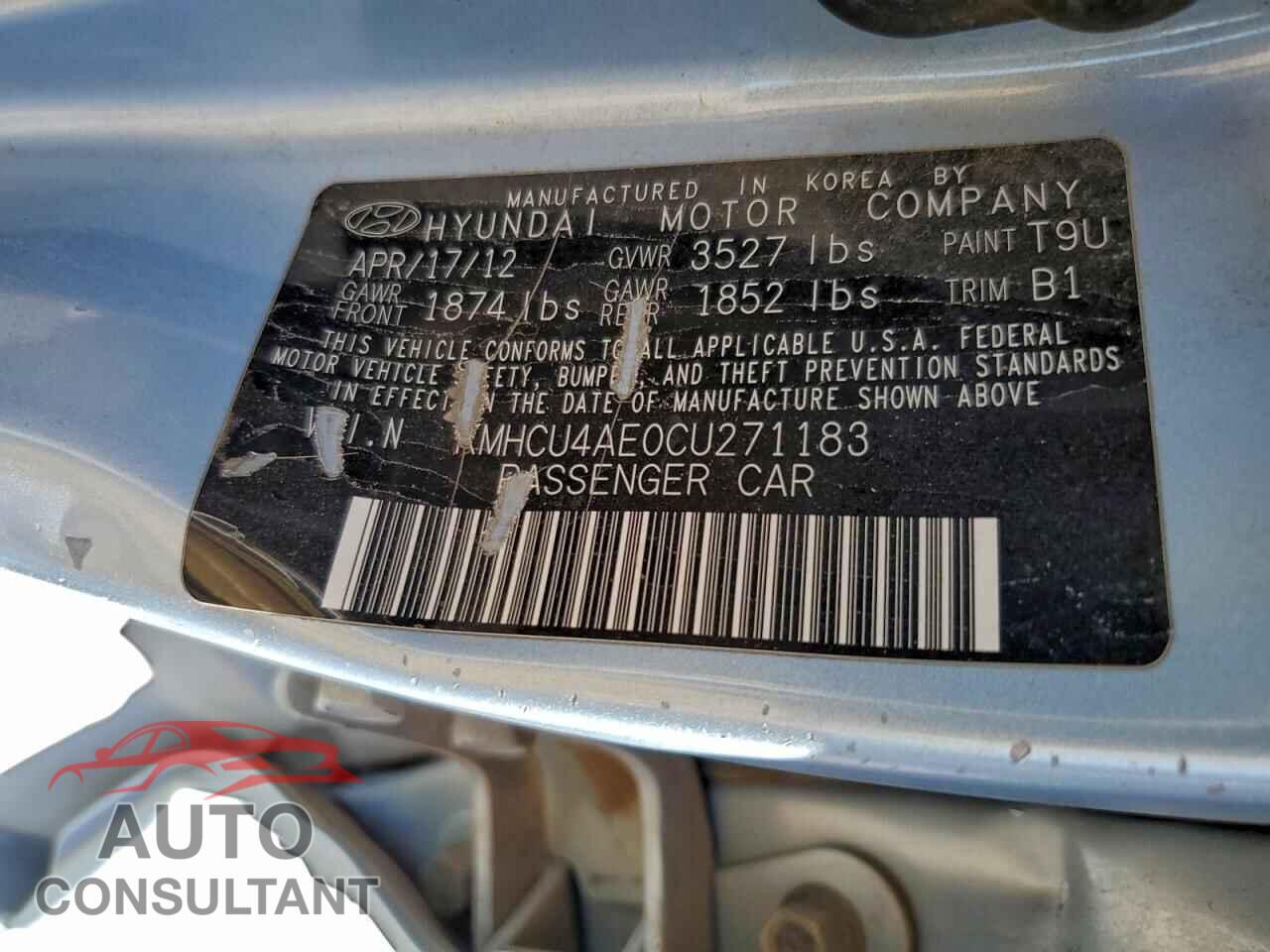 HYUNDAI ACCENT 2012 - KMHCU4AE0CU271183