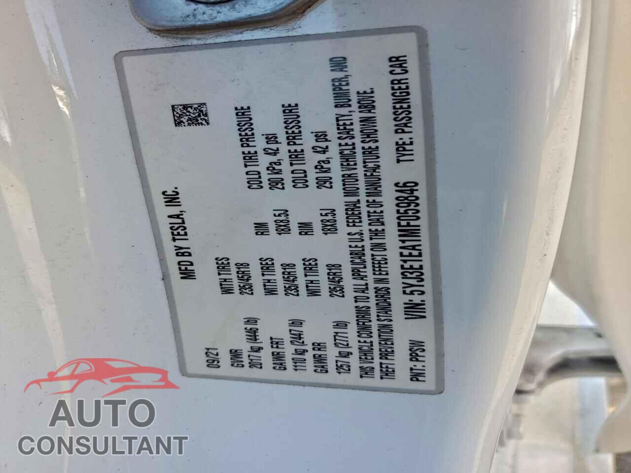 TESLA MODEL 3 2021 - 5YJ3E1EA1MF059846